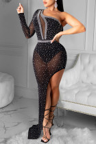 Zwarte sexy geometrische patchwork doorzichtige jurken met schuine kraag
