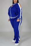 Blå Mode Casual Sportkläder Dragkedja Krage Långärmad Vanlig ärm Patchwork Plus Size Set