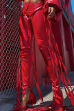 Pantaloni skinny per altoparlanti a vita media con motivo patchwork rosso