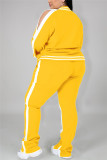 Yellow Fashion Casual Sportswear Zipper Collar Long Sleeve Regular Sleeve Patchwork Plus Size Set