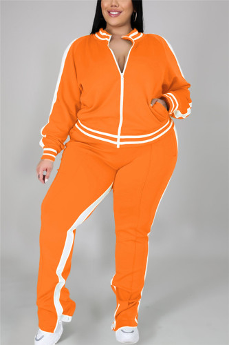 Orange Fashion Casual Sportswear Zipper Collar Long Sleeve Regular Sleeve Patchwork Plus Size Set