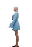 Ljusblå Mode Casual Solid urholkad V-hals långärmade klänningar