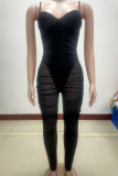 Macacão skinny preto fashion sexy patchwork sólido sem costas com alça de espaguete