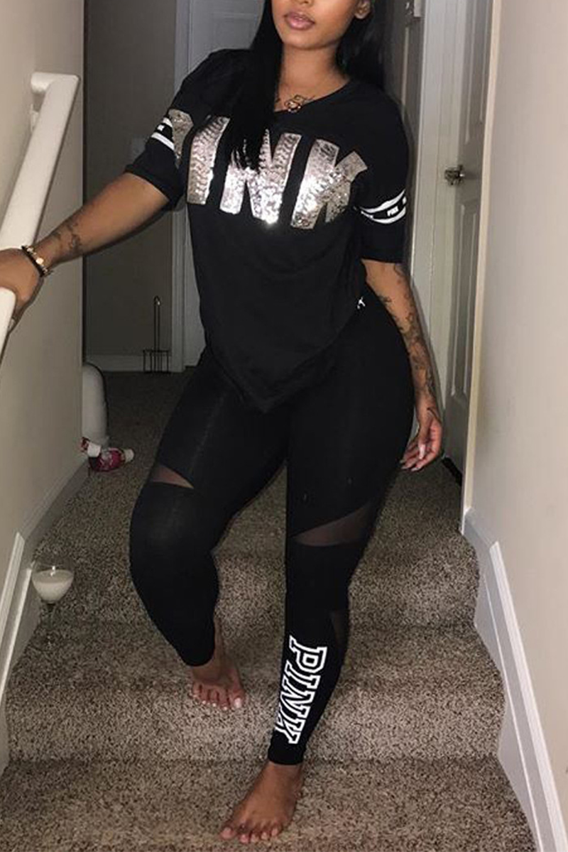 

Black Casual Print Sequins Letter O Neck Short Sleeve Two Pieces