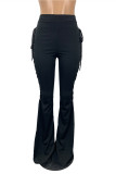 Calças pretas moda casual sólida com alça vazada com design de bota corte cintura média