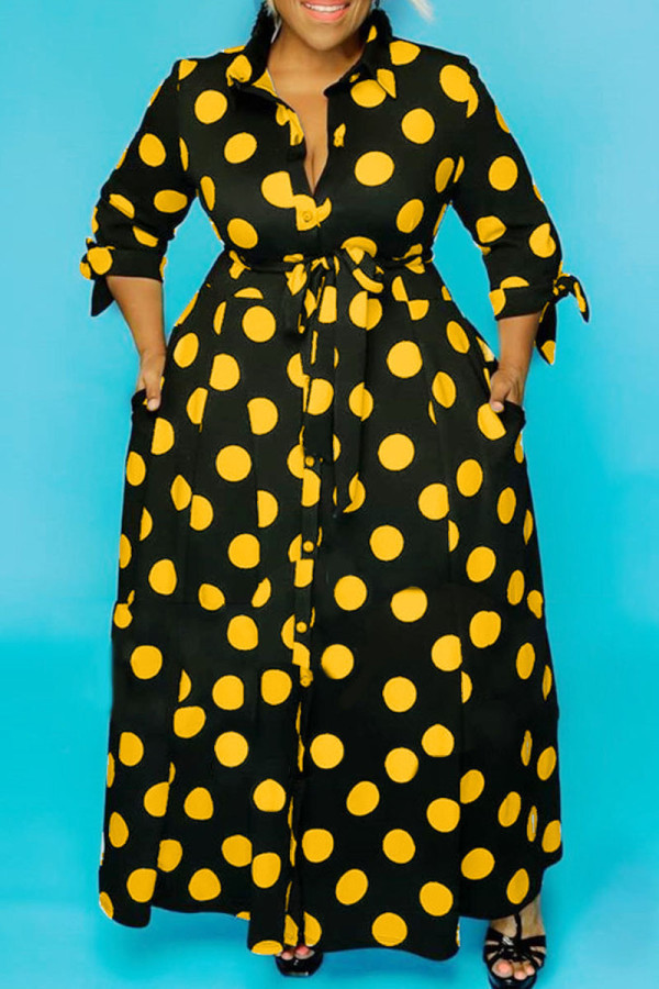 Bodenlange A-Linien-Kleider mit Polka Dot-Print in Gelb mit Umlegekragen