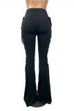 Black Fashion Casual Solid Hollowed Out Strap Design Boot Cut Mid Waist Trousers