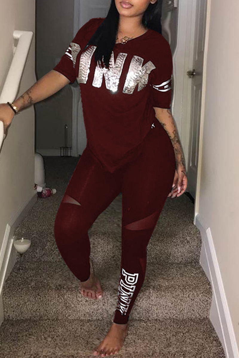 

Wine Red Casual Print Sequins Letter O Neck Short Sleeve Two Pieces