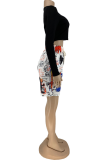 Red Street Print Patchwork O Neck Long Sleeve Two Pieces