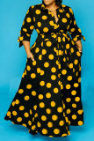Gele OL-jurk met omgeslagen kraag A-lijn Tot de grond gestippelde jurken met print