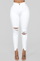Jeans pitillo de cintura alta rasgados sólidos casuales de moda blanco