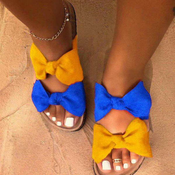 Сине-желтая повседневная обувь с бантом и круглыми удобными туфлями