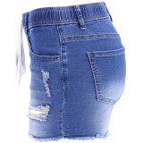 Donkerblauwe modieuze casual effen gescheurde rechte jeans met hoge taille