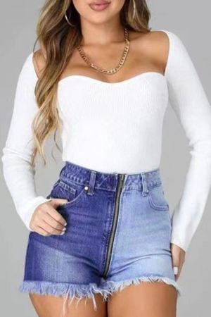 Light Color Fashion Casual Patchwork High Waist Jeans Raw Hem Colorblock Hot Pants Denim Shorts