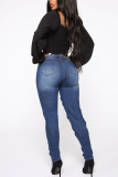 Jeans regular azul escuro casual botões rasgados cintura alta