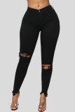 Zwarte mode casual effen gescheurde skinny jeans met hoge taille