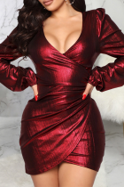 Vestido irregular vermelho vinho sexy patchwork com decote em V