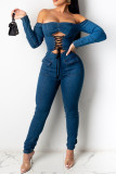 Темно-синяя сексуальная однотонная повязка со старым воротником-бато с длинным рукавом и средней талией, обычная джинсовая ткань