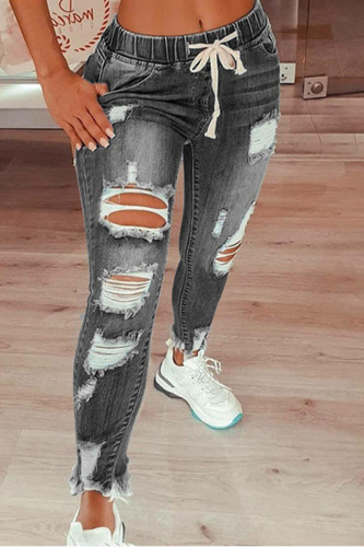 Grey Fashion Casual Solid Mid Waist Regular Ripped Denim Jeans