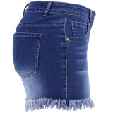 Light Color Fashion Casual Patchwork High Waist Jeans Raw Hem Colorblock Hot Pants Denim Shorts