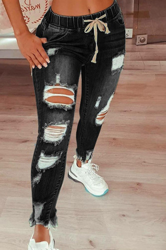Black Fashion Casual Solid Mid Waist Regular Ripped Denim Jeans