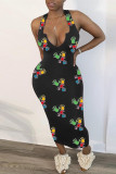 Schwarze Mode Sexy Print Westen V-Ausschnitt Weste Kleid