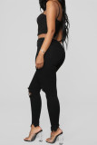 Calça jeans skinny preta fashion casual sólida rasgada cintura alta