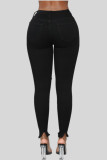 Calça jeans skinny preta fashion casual sólida rasgada cintura alta