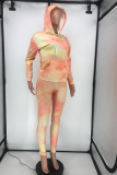 Yellow Casual Patchwork Tie-dye Hooded Collar Long Sleeve Two Pieces