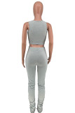 Grey Sexy Solid Fold Spaghetti Strap Sleeveless Two Pieces