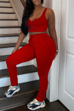 Red Casual Sportswear Solid Vests Pants V Neck Sleeveless Two Pieces