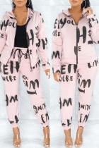 Pink Fashion Casual Print Basic Zipper Collar Long Sleeve Two Pieces