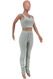 Grey Casual Sportswear Solid Vests Pants V Neck Sleeveless Two Pieces