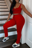 Red Casual Sportswear Solid Vests Pants V Neck Sleeveless Two Pieces