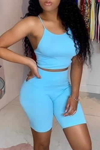 Sky Blue Sexy Casual Solid Backless O Neck Sleeveless Two Pieces