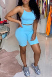 Sky Blue Sexy Casual Solid Backless O Neck Sleeveless Two Pieces