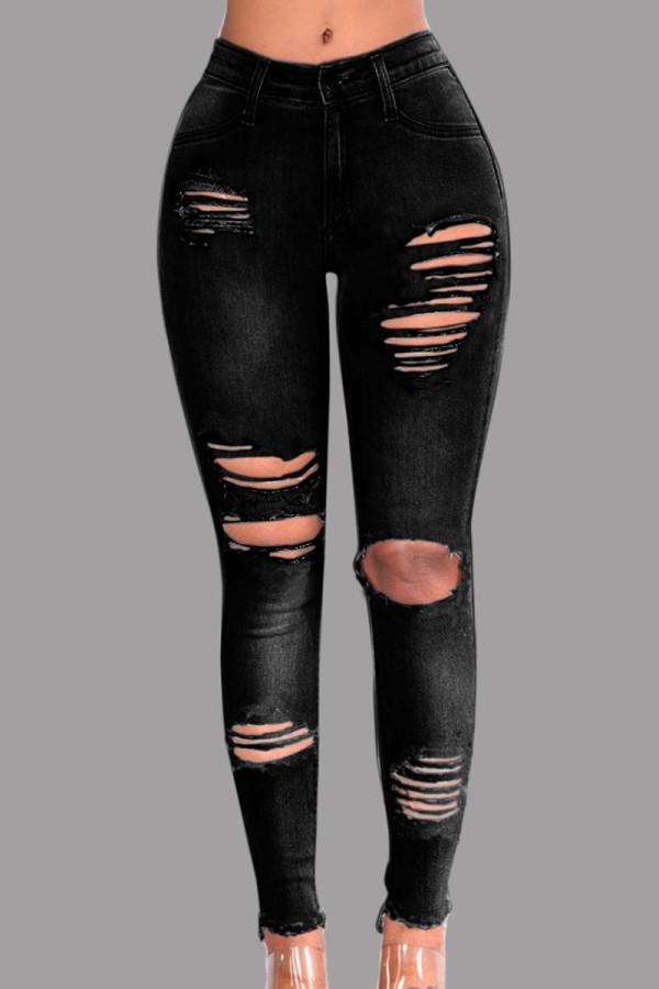 Черные модные повседневные однотонные рваные джинсы скинни со средней талией