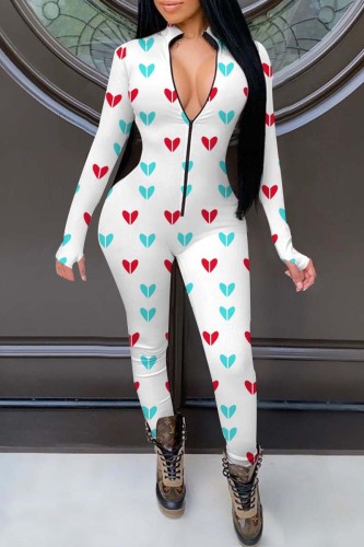 White Fashion Living Print Basic Zipper Collar Skinny Jumpsuits