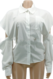 White Casual Solid Patchwork Turndown Collar Tops