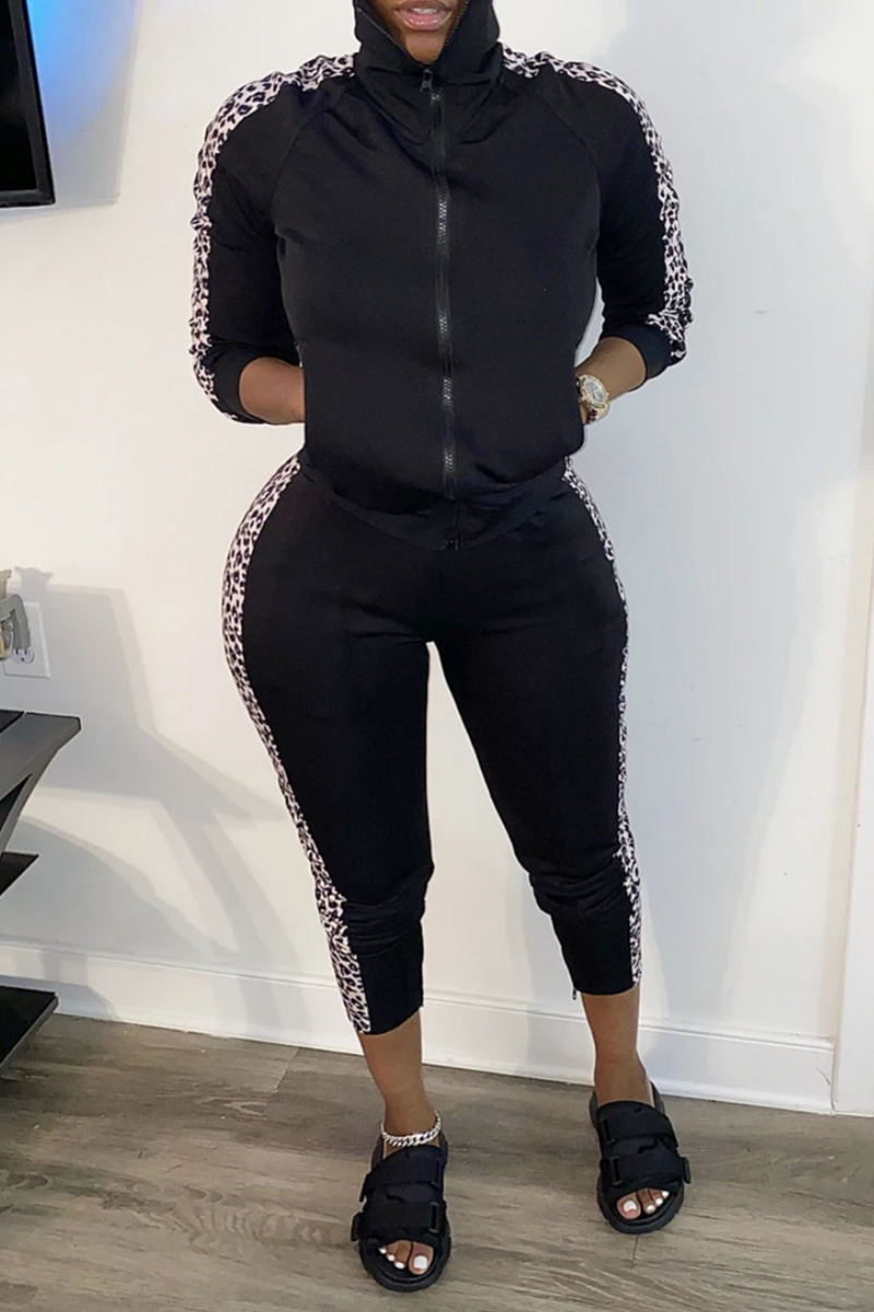

Black Casual Leopard Split Joint Turtleneck Long Sleeve Two Pieces
