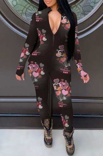 Black Fashion Living Print Basic Zipper Collar Skinny Jumpsuits