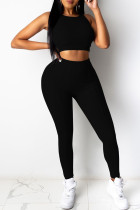 Black Casual Sportswear Solid Vests Pants O Neck Sleeveless Two Pieces