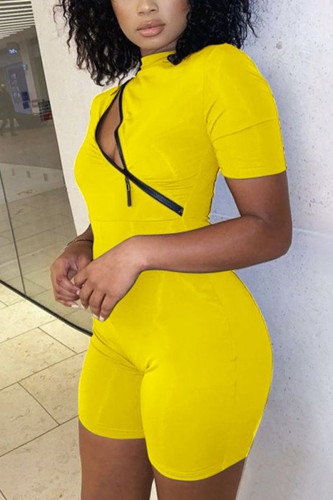 Yellow Sexy Solid O Neck Regular Rompers