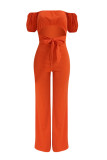 Oranje casual effen rugloze regular jumpsuits met boothals