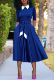 Blue Vintage Solid Bandage Turndown Collar Pleated Dresses