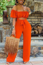 Orangefarbene, legere, einfarbige, rückenfreie, reguläre Jumpsuits mit Bateau-Ausschnitt