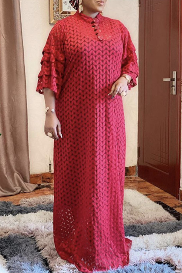 Red Fashion Casual Solid Embroidered Mandarin Collar Plus Size Dress