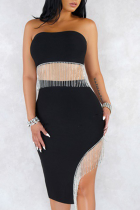 Black Sexy Solid Tassel Strapless Sleeveless Two Pieces