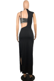 Black Casual Solid Patchwork High Opening One Shoulder Irregular Dress Dresses