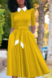 Yellow Vintage Solid Bandage Turndown Collar Pleated Dresses